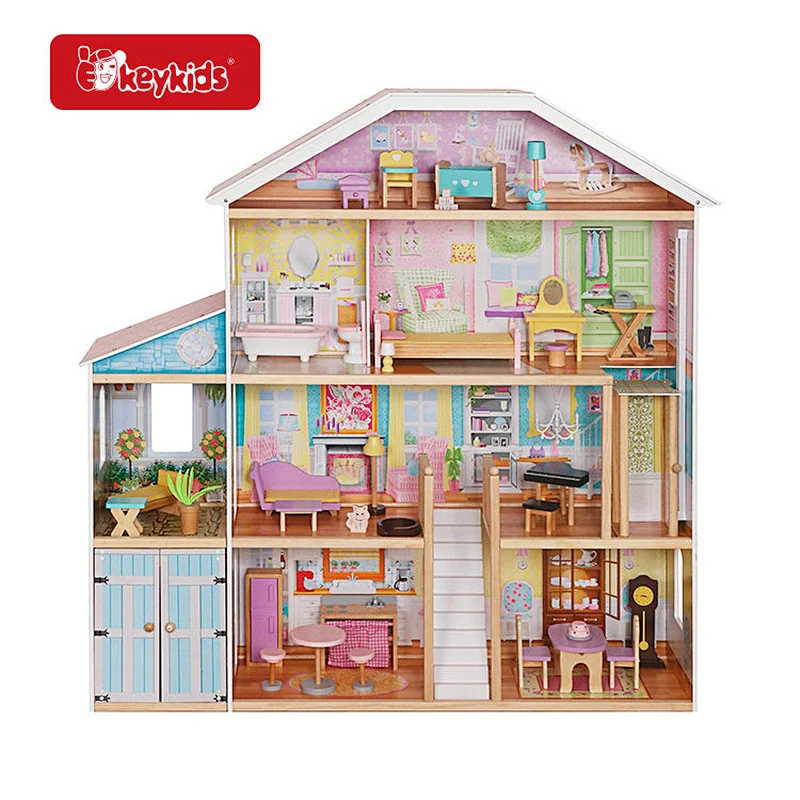 Wooden 4-Story Dollhouse with 9 Fully Furnished Rooms, Balcony, Piano, Bathtub, Movable Furniture for Kids Pretend Play W06A358C